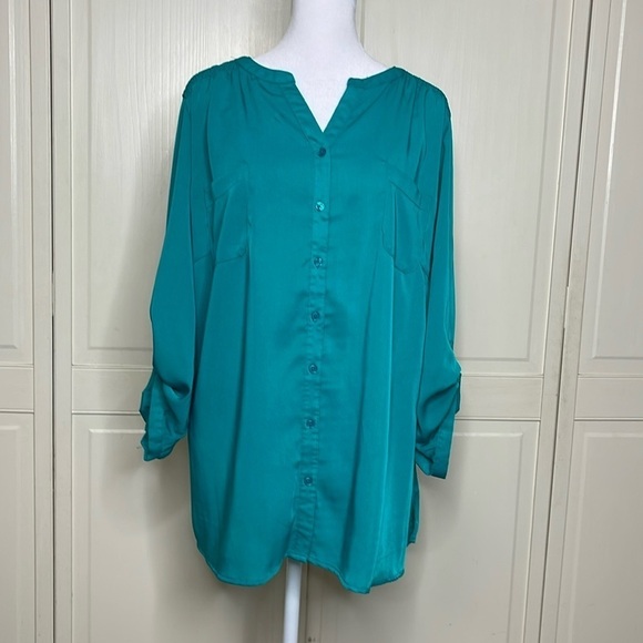Laura Scott Woman Teal Blouse Tunic Size 3X Button Down Collarless Top Plus - Picture 1 of 11